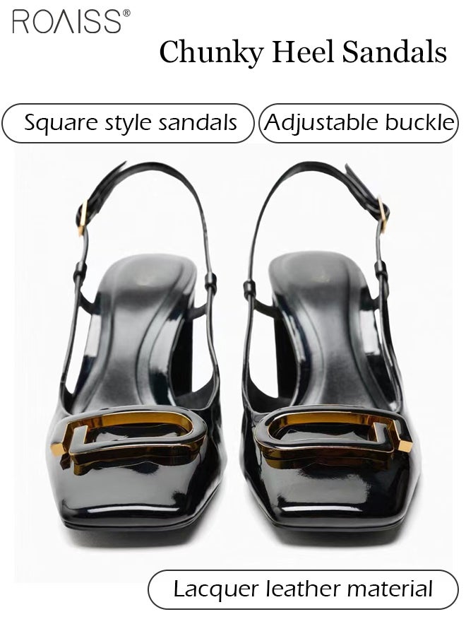 Fashionable Patent Leather Thick Heel High Heels Women'S Daily Commuting Slingback Square Toe Design Summer Thick Heel Sandals