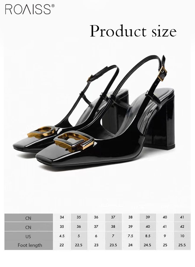 Fashionable Patent Leather Thick Heel High Heels Women'S Daily Commuting Slingback Square Toe Design Summer Thick Heel Sandals