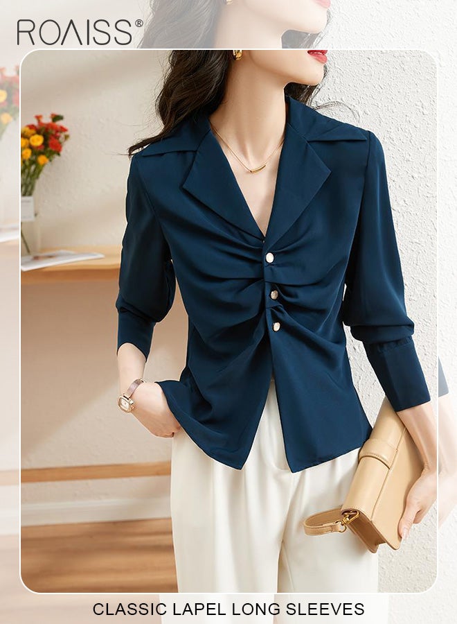 Elegant Business Shirt For Women'S Daily Commuting Versatile Pleated Design Lapel Single-Breasted Long-Sleeved Professional Shirt