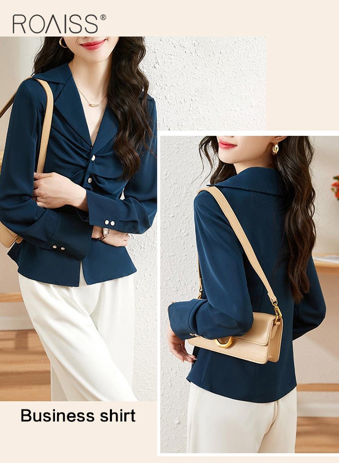 Elegant Business Shirt For Women'S Daily Commuting Versatile Pleated Design Lapel Single-Breasted Long-Sleeved Professional Shirt
