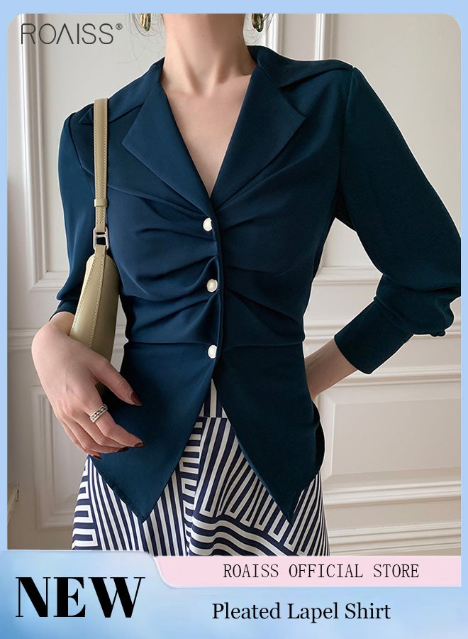 Elegant Business Shirt For Women'S Daily Commuting Versatile Pleated Design Lapel Single-Breasted Long-Sleeved Professional Shirt
