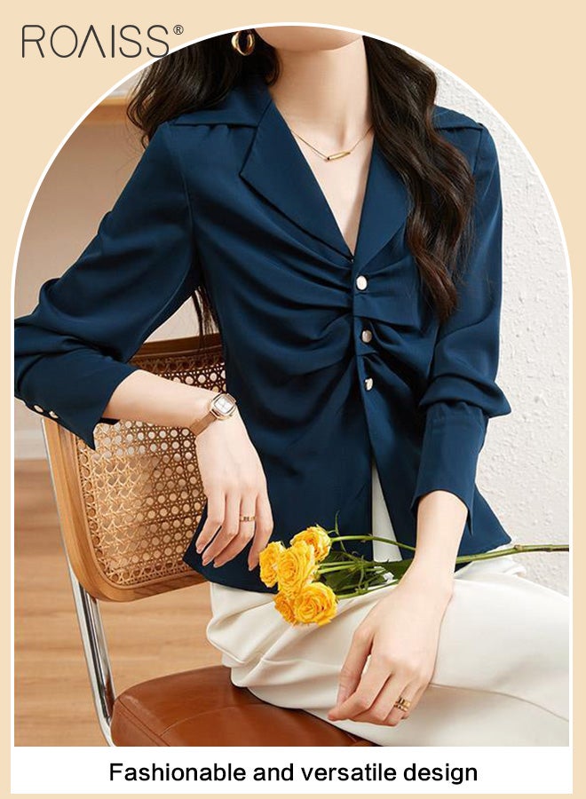 Elegant Business Shirt For Women'S Daily Commuting Versatile Pleated Design Lapel Single-Breasted Long-Sleeved Professional Shirt