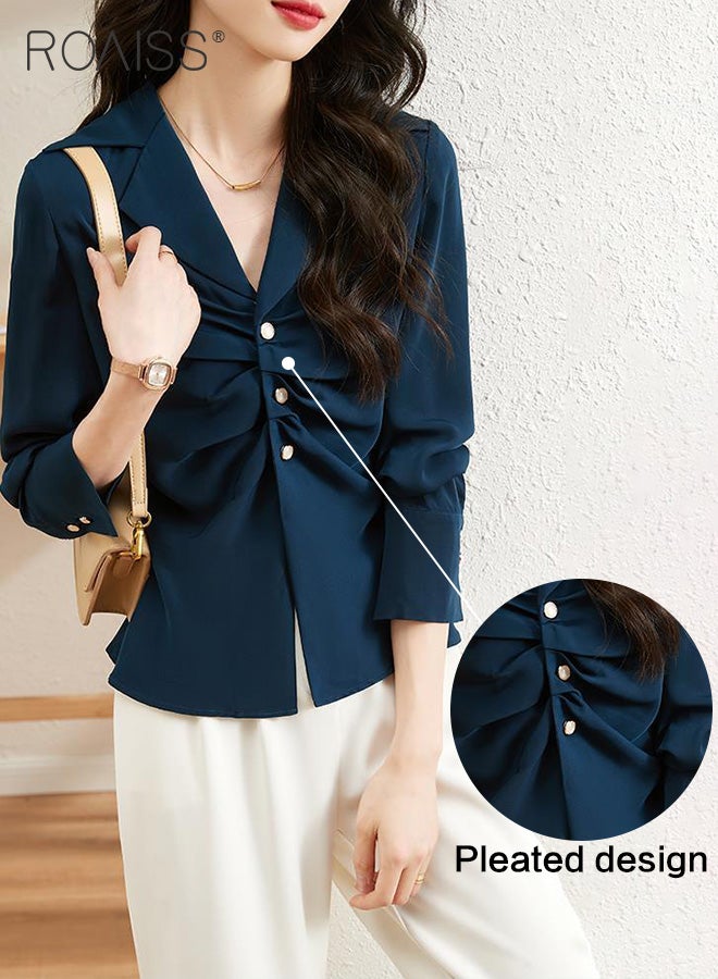 Elegant Business Shirt For Women'S Daily Commuting Versatile Pleated Design Lapel Single-Breasted Long-Sleeved Professional Shirt
