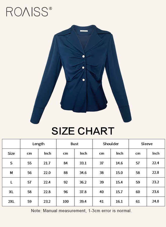 Elegant Business Shirt For Women'S Daily Commuting Versatile Pleated Design Lapel Single-Breasted Long-Sleeved Professional Shirt