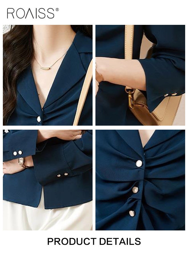 Elegant Business Shirt For Women'S Daily Commuting Versatile Pleated Design Lapel Single-Breasted Long-Sleeved Professional Shirt