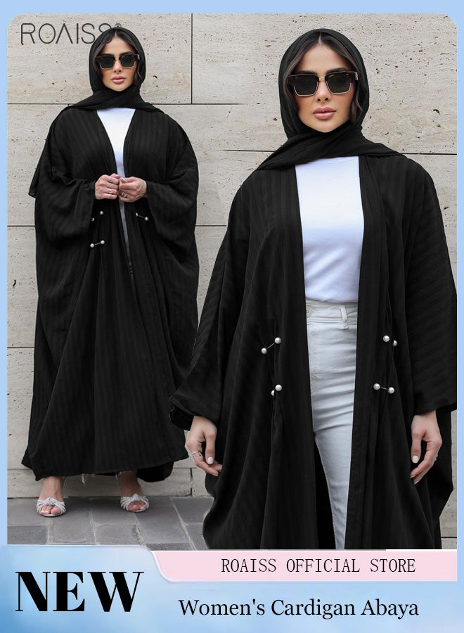 Fashionable And Elegant Cardigan Abaya Women'S Daily Commuting Formal Occasions Striped Bat Long Sleeve Muslim Cardigan Jacket