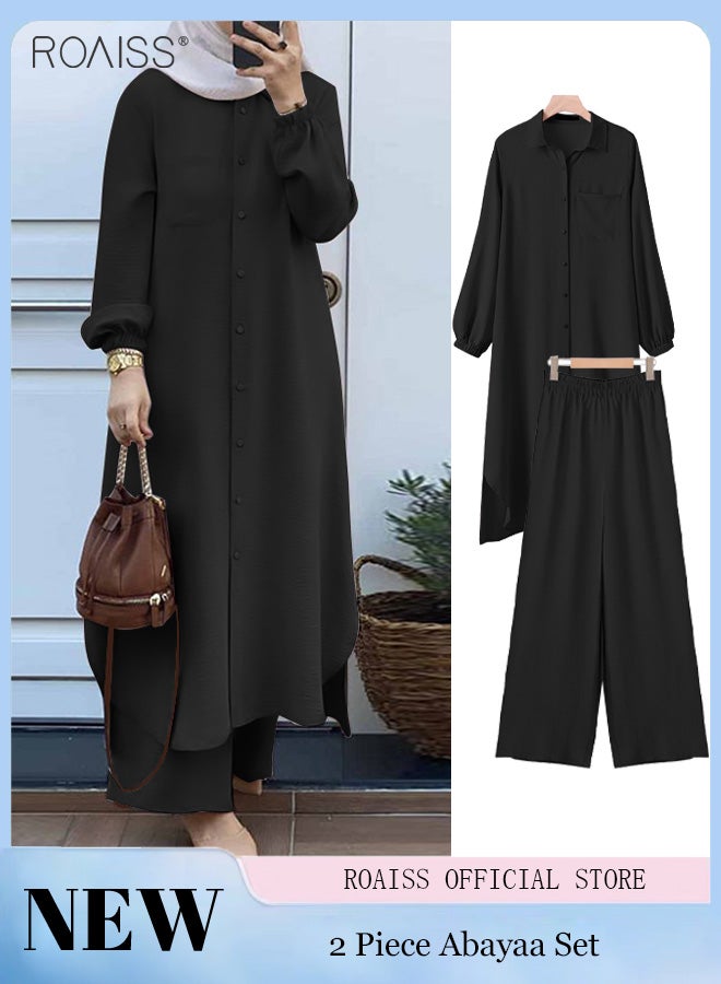 2 Piece Abayaa Set Women'S Daily Commuting Button Fastening Long Sleeve Shirt Top And Elastic Waist Wide Leg Pants