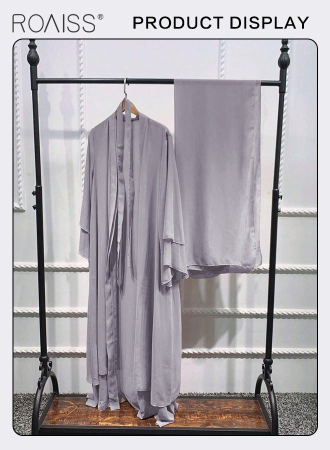 Solid Color Double Layered Chiffon Muslim Abaya Dress for Women's Daily Commuting Banquet Formal Occasion Cardigan Robe Paired With Same Color Buckle Belt (excluding matching dress and headscarf)