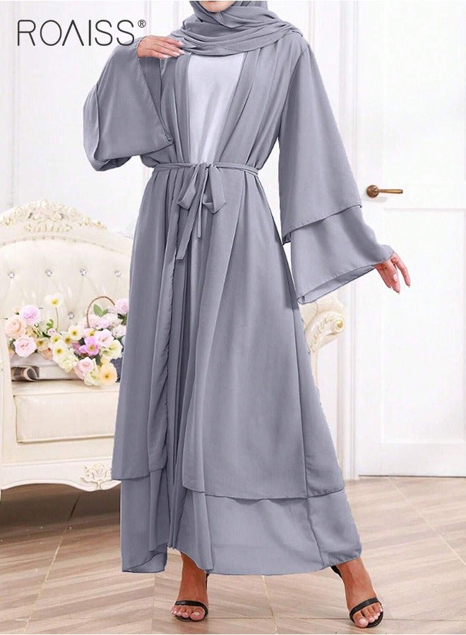 Solid Color Double Layered Chiffon Muslim Abaya Dress for Women's Daily Commuting Banquet Formal Occasion Cardigan Robe Paired With Same Color Buckle Belt (excluding matching dress and headscarf)