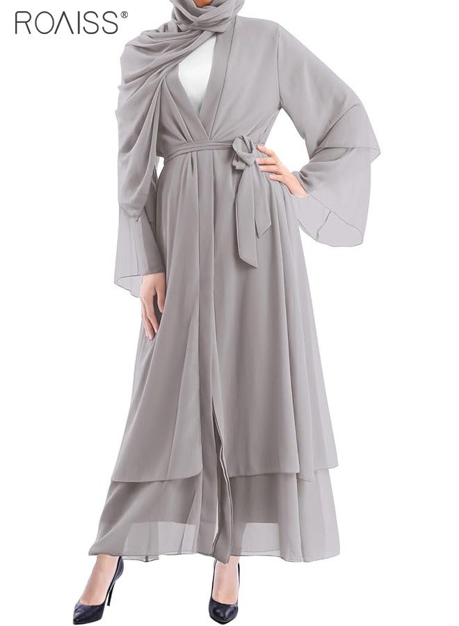 Solid Color Double Layered Chiffon Muslim Abaya Dress for Women's Daily Commuting Banquet Formal Occasion Cardigan Robe Paired With Same Color Buckle Belt (excluding matching dress and headscarf)