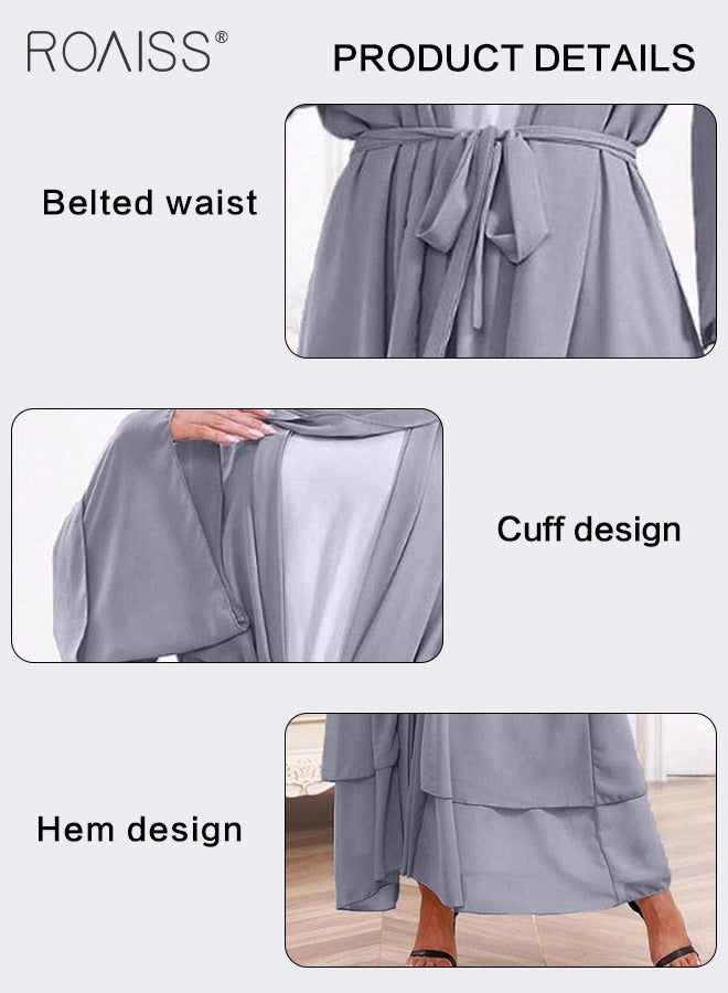 Solid Color Double Layered Chiffon Muslim Abaya Dress for Women's Daily Commuting Banquet Formal Occasion Cardigan Robe Paired With Same Color Buckle Belt (excluding matching dress and headscarf)