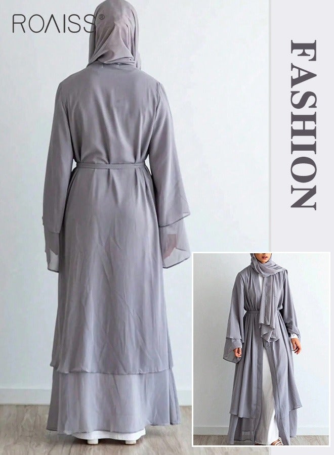 Solid Color Double Layered Chiffon Muslim Abaya Dress for Women's Daily Commuting Banquet Formal Occasion Cardigan Robe Paired With Same Color Buckle Belt (excluding matching dress and headscarf)