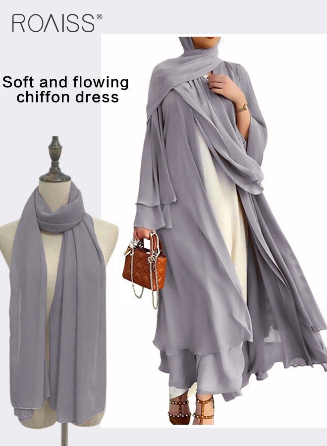 Solid Color Double Layered Chiffon Muslim Abaya Dress for Women's Daily Commuting Banquet Formal Occasion Cardigan Robe Paired With Same Color Buckle Belt (excluding matching dress and headscarf)