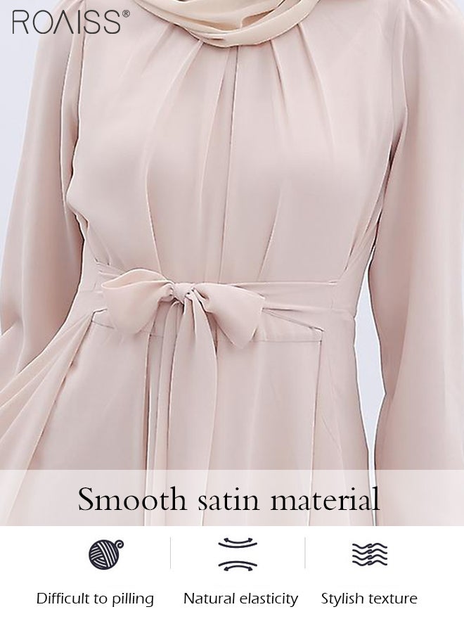 Fashionable Muslim Chiffon Dress Women'S Daily Commuting Solid Color Long Sleeve Belt Tightening Large Skirt Dress Robe