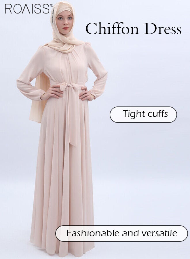 Fashionable Muslim Chiffon Dress Women'S Daily Commuting Solid Color Long Sleeve Belt Tightening Large Skirt Dress Robe