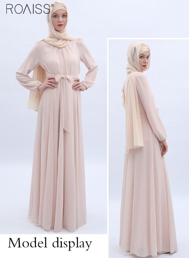 Fashionable Muslim Chiffon Dress Women'S Daily Commuting Solid Color Long Sleeve Belt Tightening Large Skirt Dress Robe