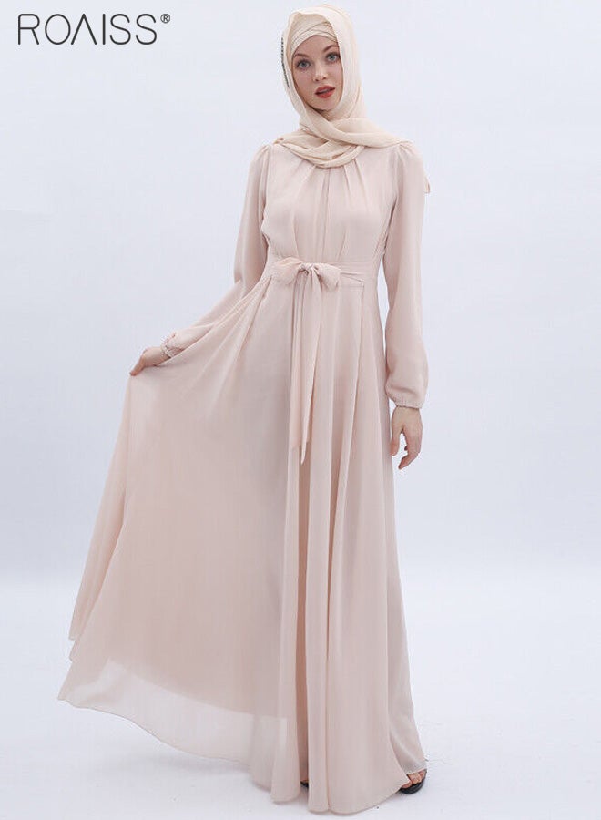 Fashionable Muslim Chiffon Dress Women'S Daily Commuting Solid Color Long Sleeve Belt Tightening Large Skirt Dress Robe