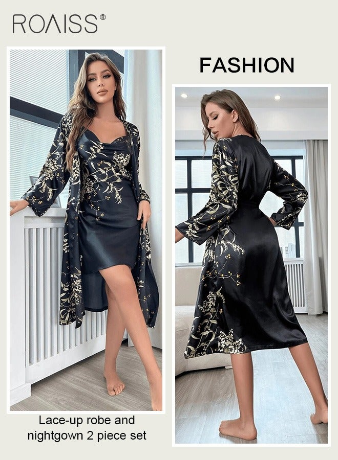 2-Piece Satin Printed Nightgown Knee Length Suspender Nightgown Classic Long Sleeved Cardigan Nightgown Babydoll Sleepwear Set