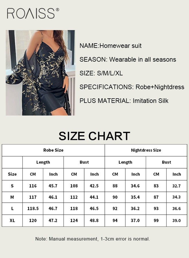 2-Piece Satin Printed Nightgown Knee Length Suspender Nightgown Classic Long Sleeved Cardigan Nightgown Babydoll Sleepwear Set