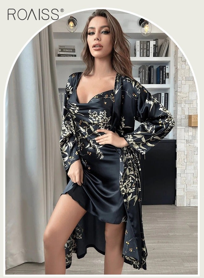 2-Piece Satin Printed Nightgown Knee Length Suspender Nightgown Classic Long Sleeved Cardigan Nightgown Babydoll Sleepwear Set