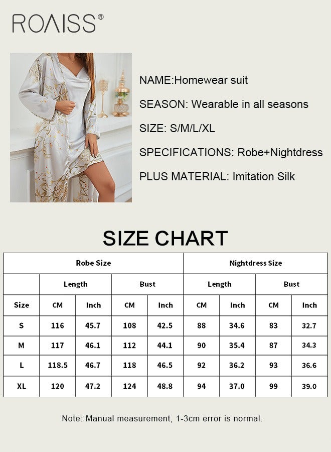 2-Piece Satin Printed Nightgown Knee Length Suspender Nightgown Classic Long Sleeved Cardigan Nightgown Babydoll Sleepwear Set