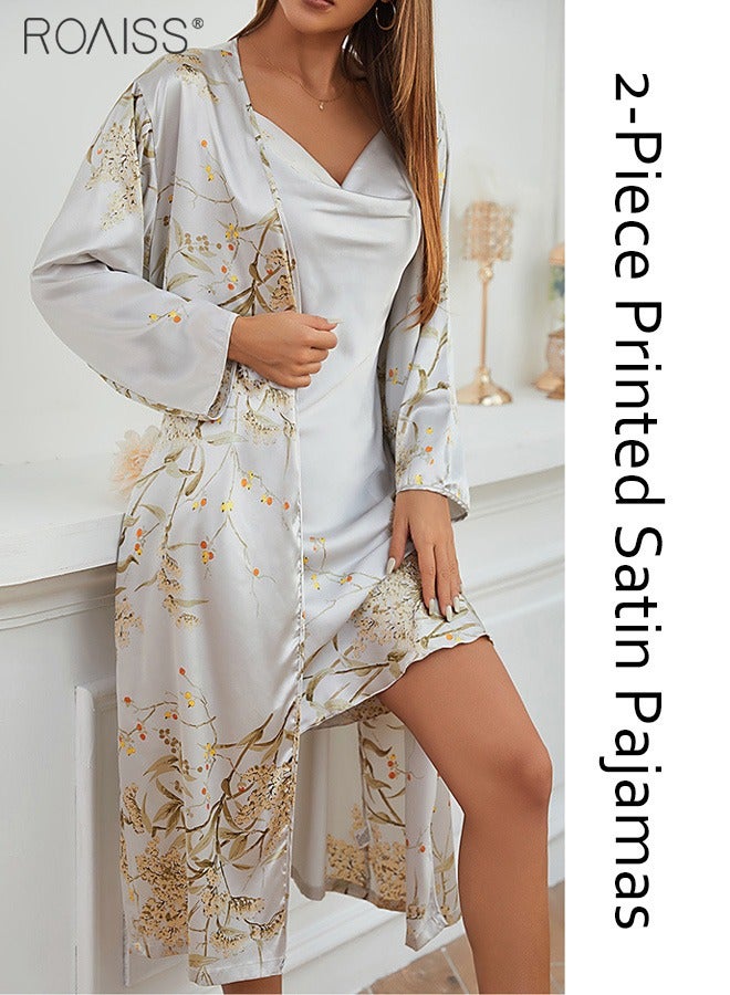 2-Piece Satin Printed Nightgown Knee Length Suspender Nightgown Classic Long Sleeved Cardigan Nightgown Babydoll Sleepwear Set