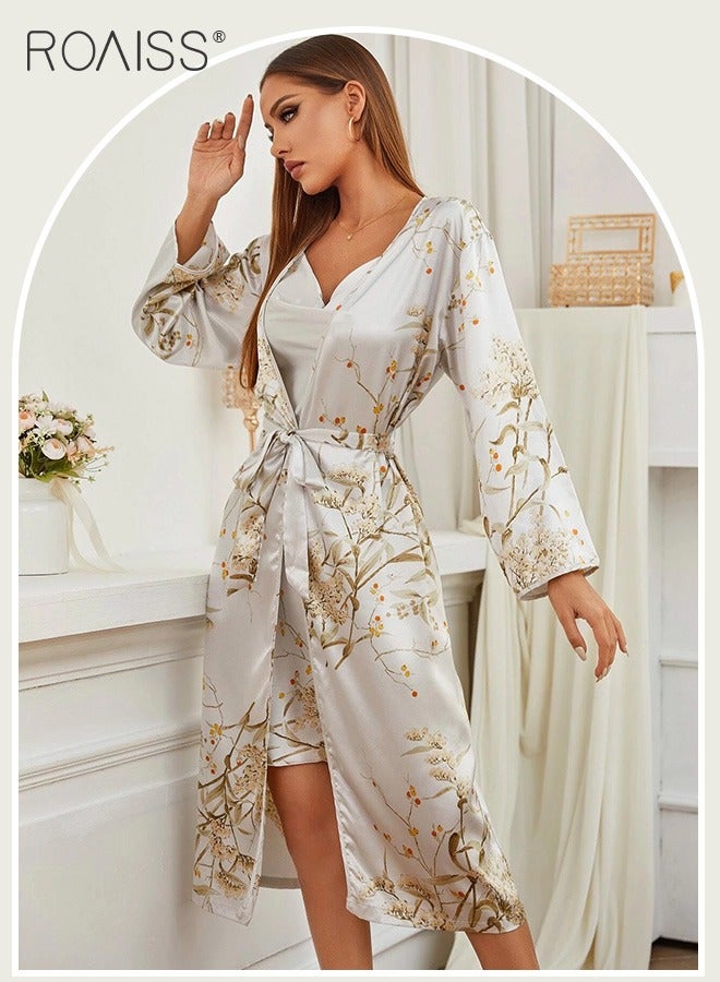 2-Piece Satin Printed Nightgown Knee Length Suspender Nightgown Classic Long Sleeved Cardigan Nightgown Babydoll Sleepwear Set