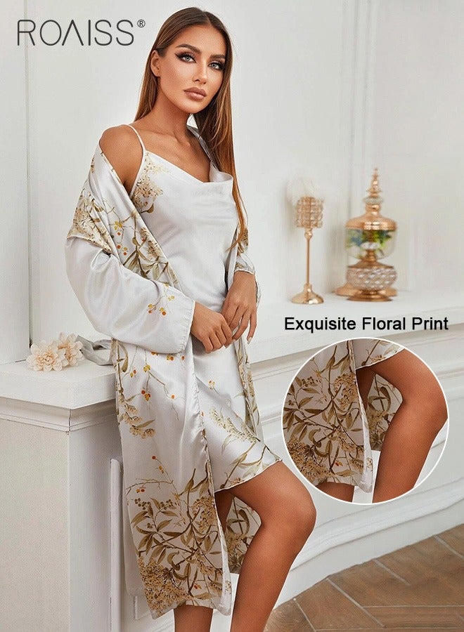 2-Piece Satin Printed Nightgown Knee Length Suspender Nightgown Classic Long Sleeved Cardigan Nightgown Babydoll Sleepwear Set