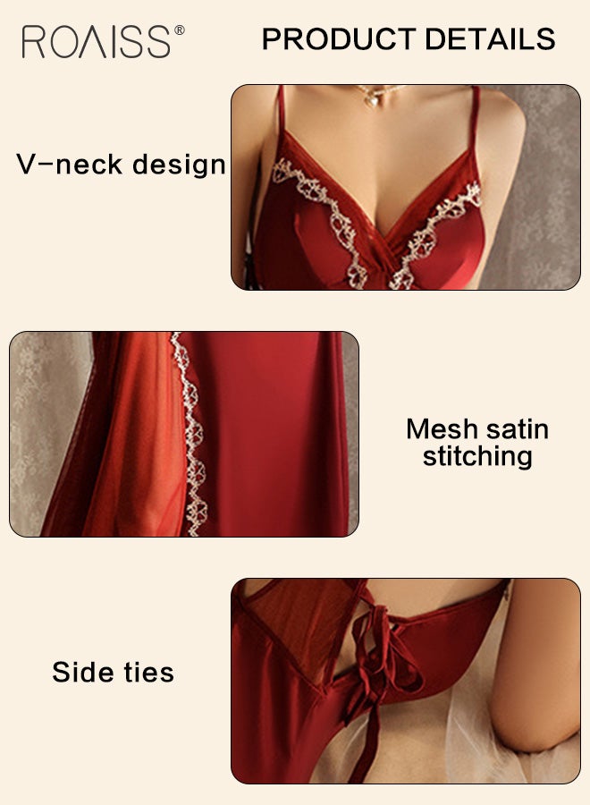 Ice Silk V-Neck Suspender Nightgown Women'S Sleeveless Adjustable Backless Mesh Splicing Translucent Long Honeymoon Wedding Nightgown