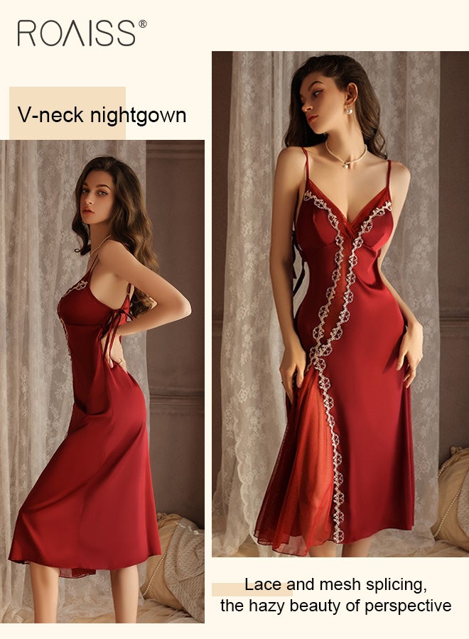 Ice Silk V-Neck Suspender Nightgown Women'S Sleeveless Adjustable Backless Mesh Splicing Translucent Long Honeymoon Wedding Nightgown