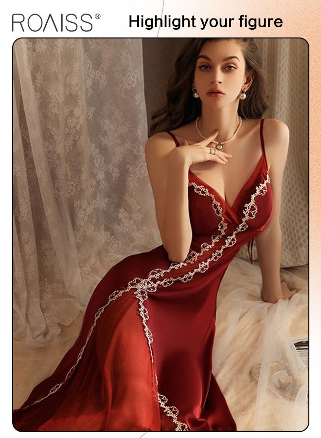 Ice Silk V-Neck Suspender Nightgown Women'S Sleeveless Adjustable Backless Mesh Splicing Translucent Long Honeymoon Wedding Nightgown