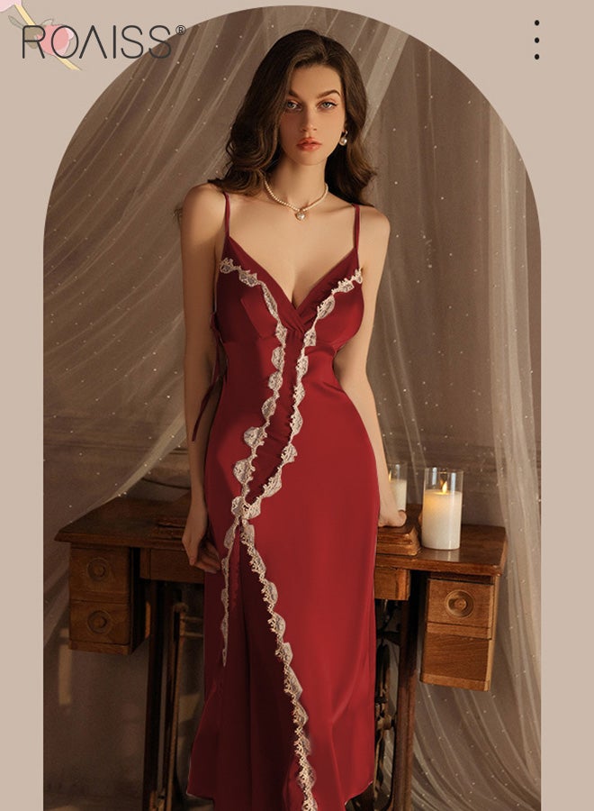 Ice Silk V-Neck Suspender Nightgown Women'S Sleeveless Adjustable Backless Mesh Splicing Translucent Long Honeymoon Wedding Nightgown