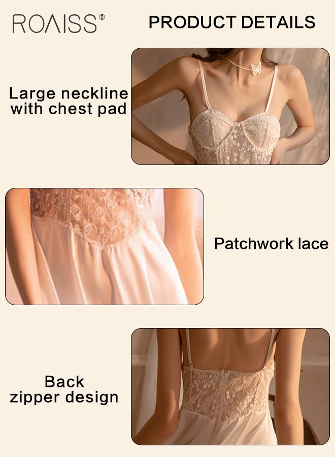 Lace And Satin Spliced Nightgown Women'S V-Neck Sleeveless Suspender Backless Design Semi-Transparent Large Skirt Honeymoon Wedding Nightgown