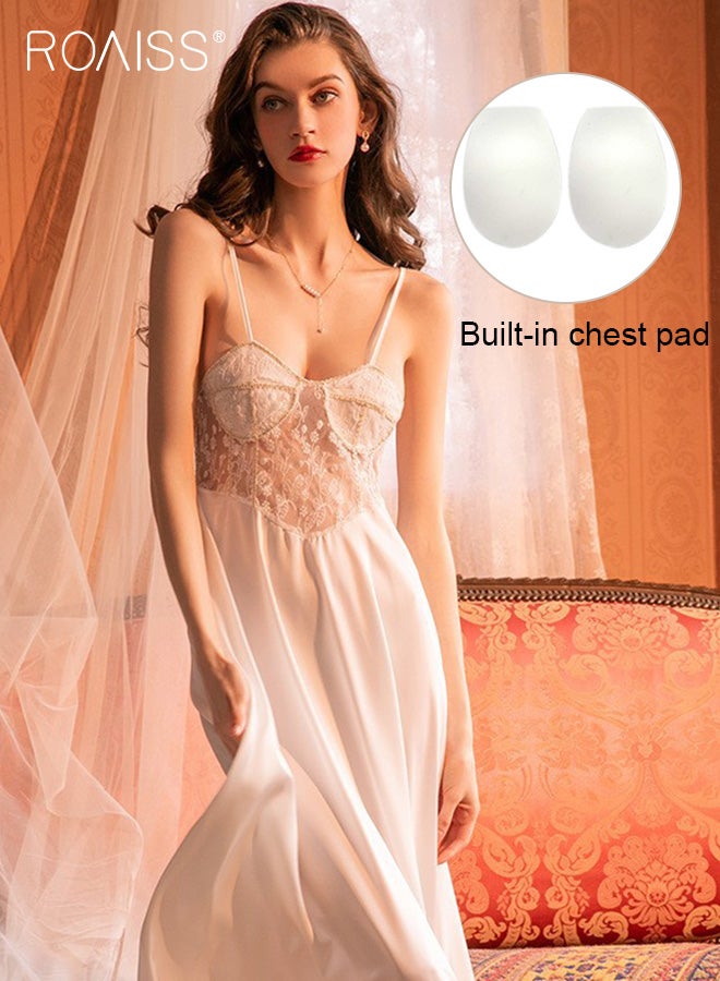 Lace And Satin Spliced Nightgown Women'S V-Neck Sleeveless Suspender Backless Design Semi-Transparent Large Skirt Honeymoon Wedding Nightgown