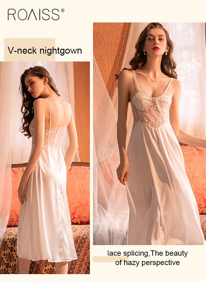 Lace And Satin Spliced Nightgown Women'S V-Neck Sleeveless Suspender Backless Design Semi-Transparent Large Skirt Honeymoon Wedding Nightgown