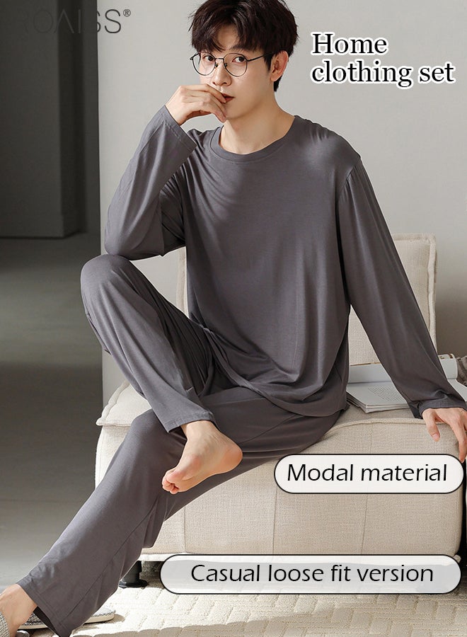 Cotton Loose Men's Long Sleeved Wide Leg Pants Casual Home Clothing Set for Spring and Summer Thin Pajamas Two-piece Set