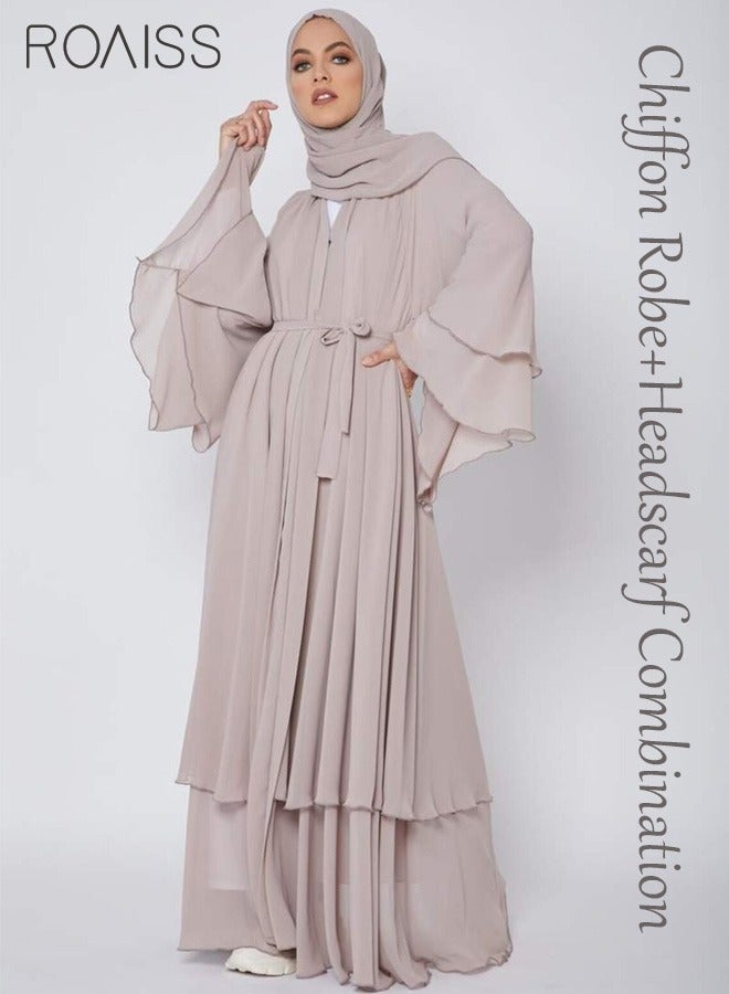 Solid Color Double Layered Chiffon Muslim Abaya Dress for Women's Daily Commuting Banquet Formal Occasion Cardigan Robe Paired With Same Color Buckle Belt (excluding matching dress and headscarf)