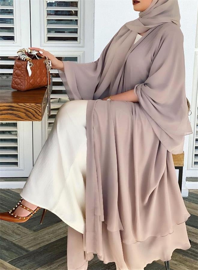 Solid Color Double Layered Chiffon Muslim Abaya Dress for Women's Daily Commuting Banquet Formal Occasion Cardigan Robe Paired With Same Color Buckle Belt (excluding matching dress and headscarf)