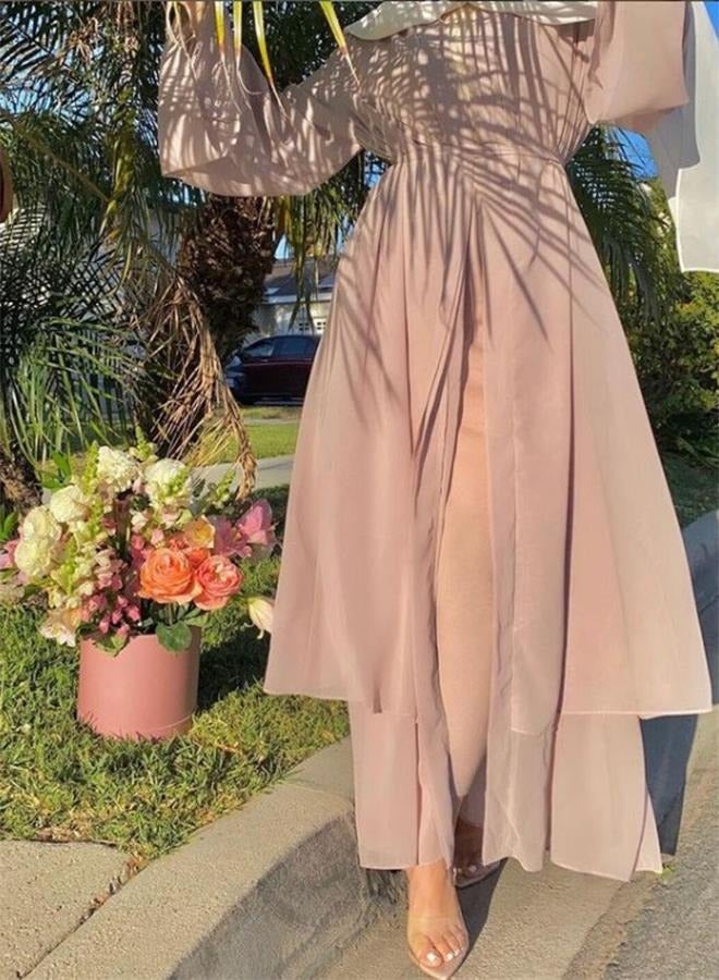 Solid Color Double Layered Chiffon Muslim Abaya Dress for Women's Daily Commuting Banquet Formal Occasion Cardigan Robe Paired With Same Color Buckle Belt (excluding matching dress and headscarf)