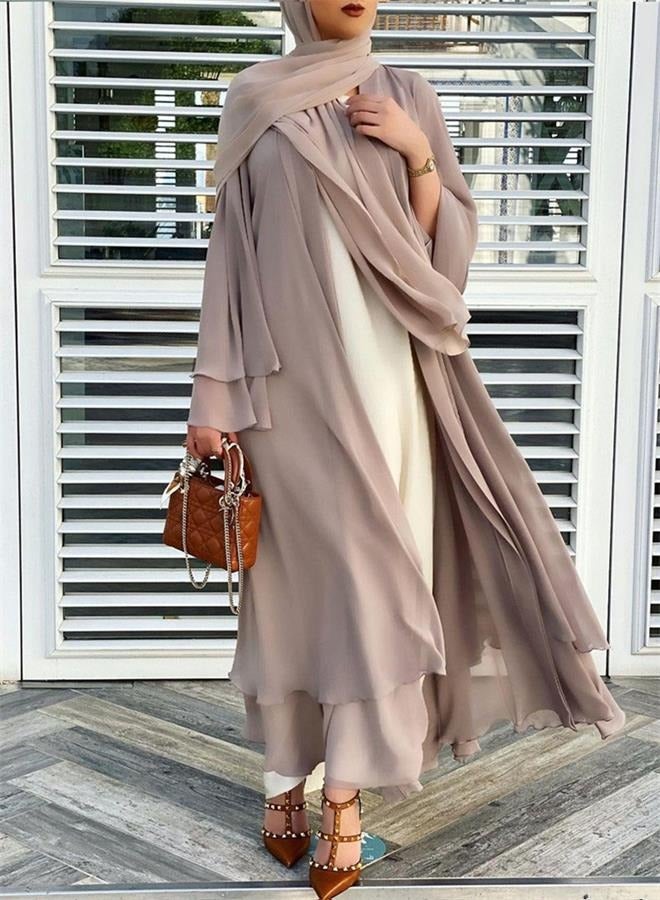 Solid Color Double Layered Chiffon Muslim Abaya Dress for Women's Daily Commuting Banquet Formal Occasion Cardigan Robe Paired With Same Color Buckle Belt (excluding matching dress and headscarf)