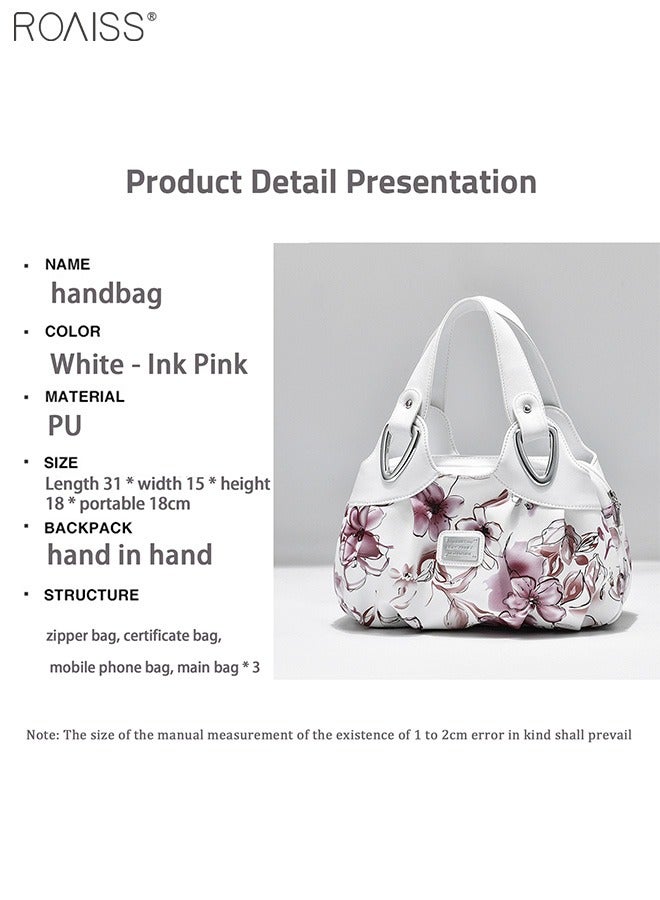 Women's PU Leather Handbag Fashion Ink Printing Pleated Large Capacity Messenger Bag