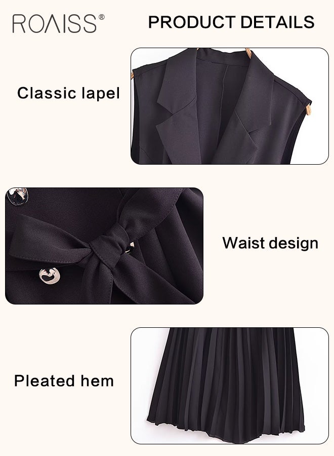 Elegant Business Dress Women'S Fashion Daily Commuting Suit Lapel Sleeveless Vest Spliced Pleated Hem Dress