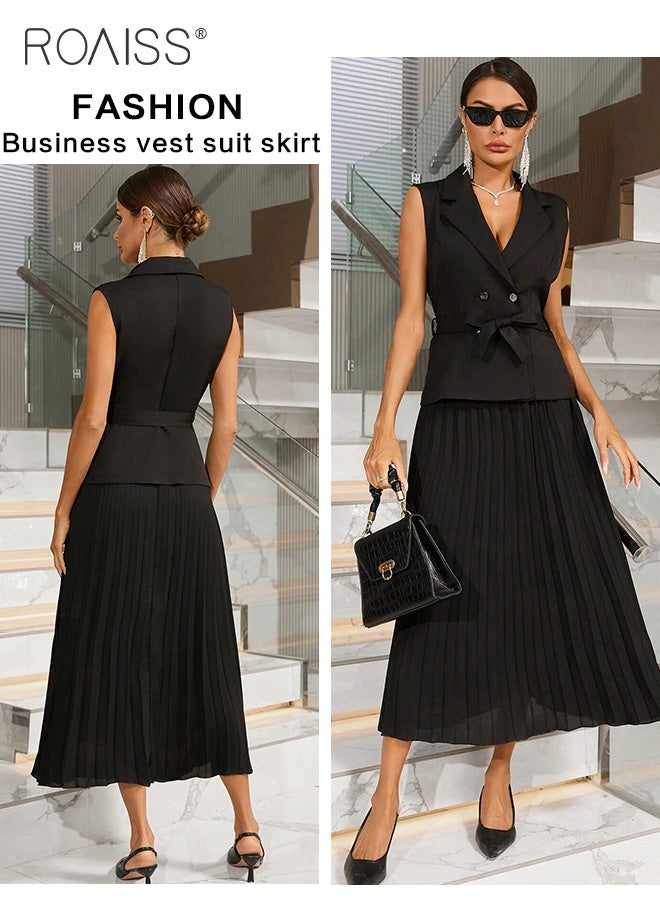 Elegant Business Dress Women'S Fashion Daily Commuting Suit Lapel Sleeveless Vest Spliced Pleated Hem Dress