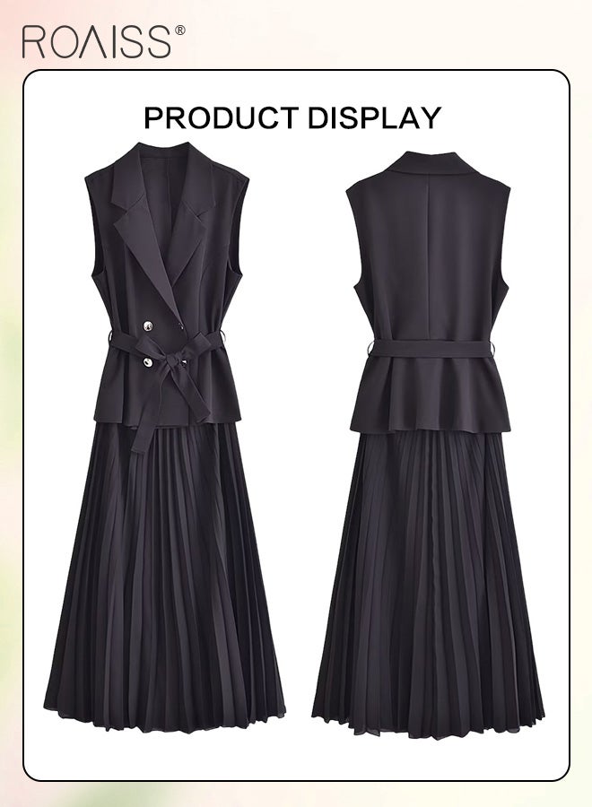 Elegant Business Dress Women'S Fashion Daily Commuting Suit Lapel Sleeveless Vest Spliced Pleated Hem Dress