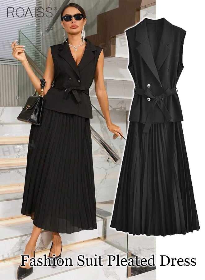 Elegant Business Dress Women'S Fashion Daily Commuting Suit Lapel Sleeveless Vest Spliced Pleated Hem Dress