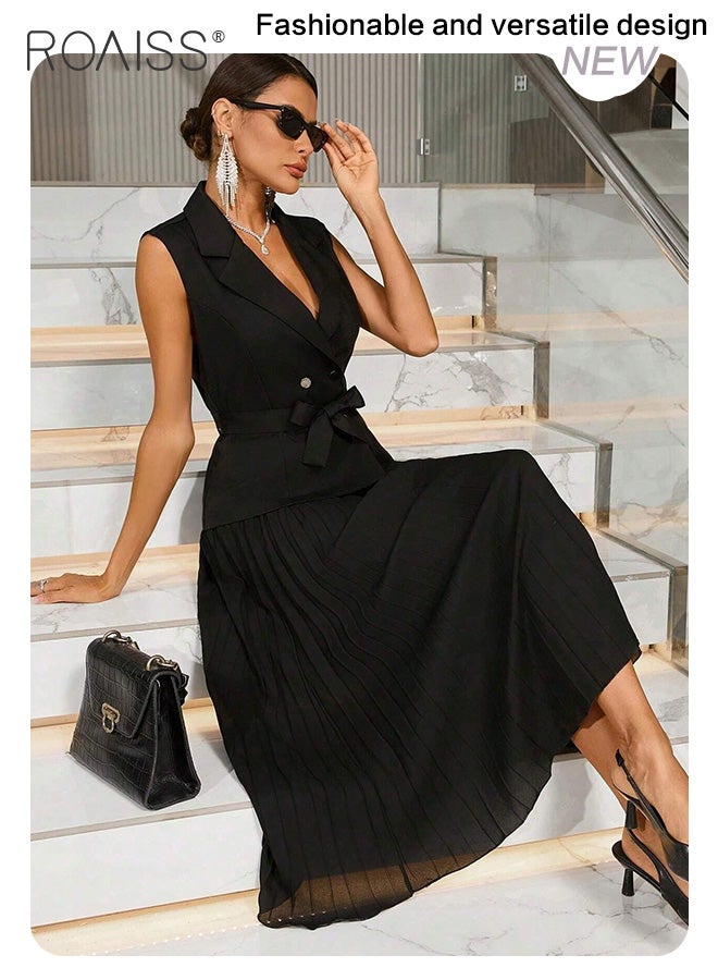 Elegant Business Dress Women'S Fashion Daily Commuting Suit Lapel Sleeveless Vest Spliced Pleated Hem Dress