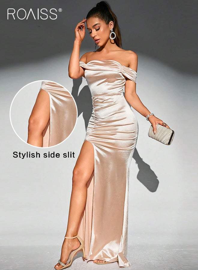 Satin One-Shoulder Dress For Women Fashionable Banquet Tube Top Pleated Design High Waist Side Slit Party Tight Fishtail Skirt