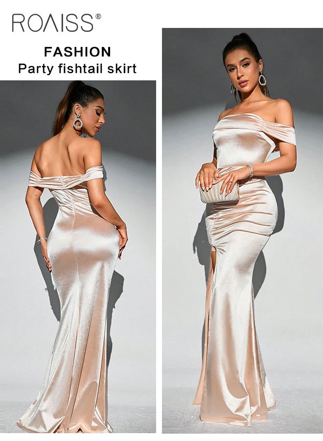 Satin One-Shoulder Dress For Women Fashionable Banquet Tube Top Pleated Design High Waist Side Slit Party Tight Fishtail Skirt