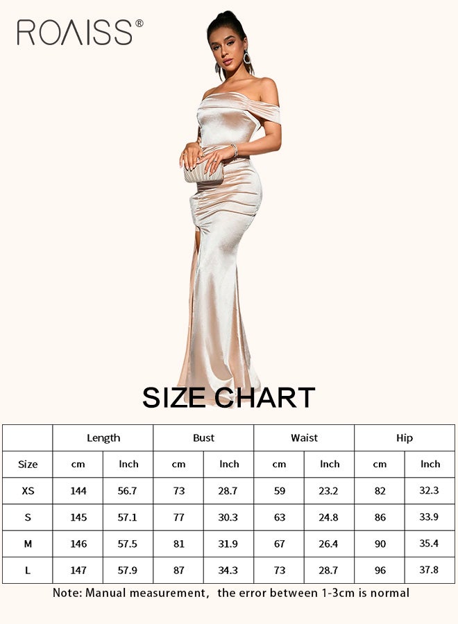 Satin One-Shoulder Dress For Women Fashionable Banquet Tube Top Pleated Design High Waist Side Slit Party Tight Fishtail Skirt