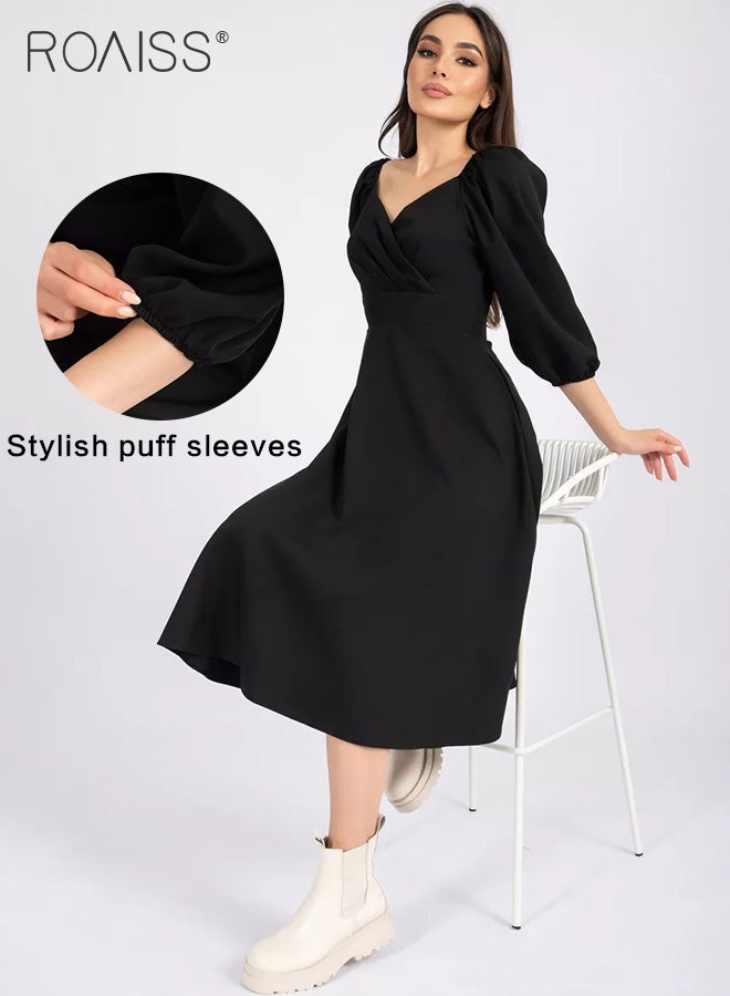 Elegant And Versatile Dress For Women Business Banquet Daily Commuting V-Neck Puff Sleeves A-Line Large Skirt Dress